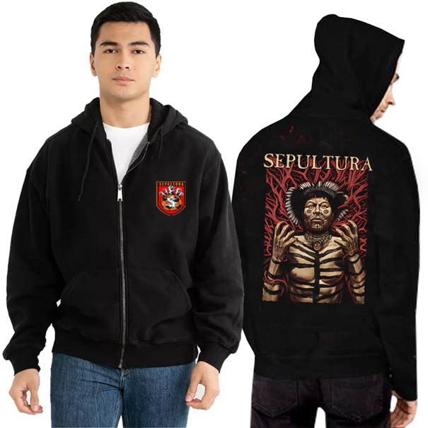 Zipper Hoodie Sepultura Roots Hoodie Ritsleting Unisex Bahan Black Cotton Fleece | Size M L XL XXL |