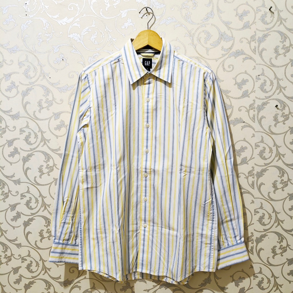 Kemeja Pria Lengan Panjang Kemeja Kerja Formal Motif Salur Kuning Biru