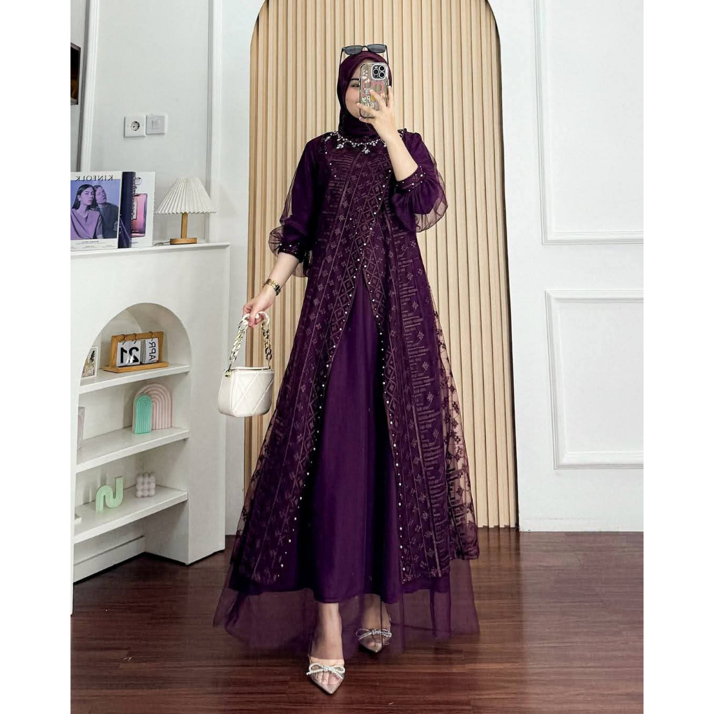 Mikasa Dress Burgundy Full Brukat | Gamis Terbaru 2025 Pesta Maroon Kondangan Remaja Wanita Syari