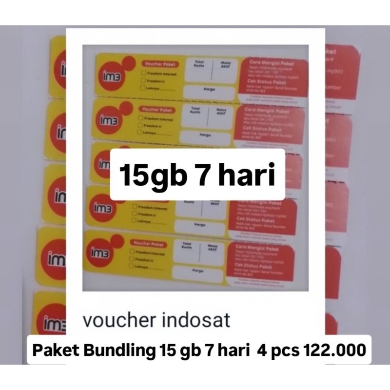 Voucher Indosat 15 gb 7 hari bundling 4 pcs 122.000