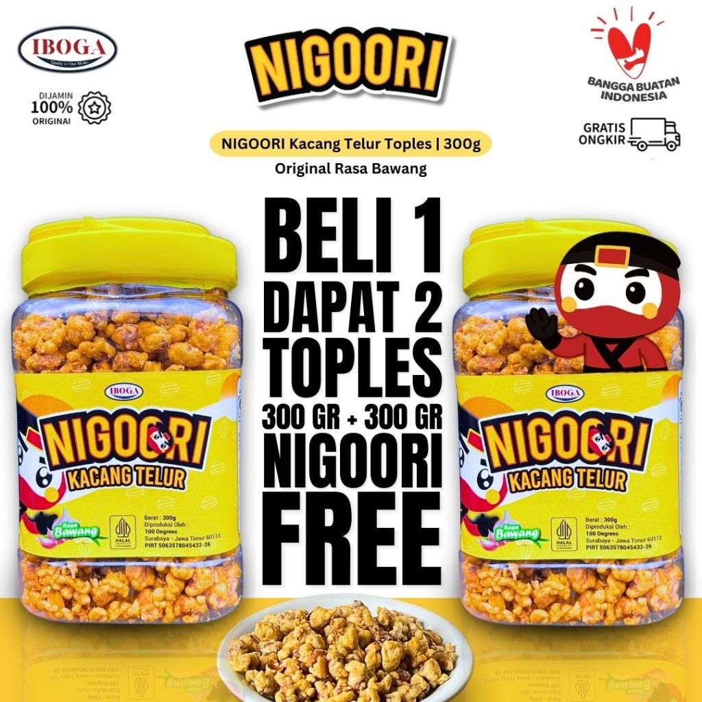 

[BELI 1 GRATIS 1] Snack kacang Telur Gurih Telor Murah Toples 300g NIGOORI Rasa Original Bawang