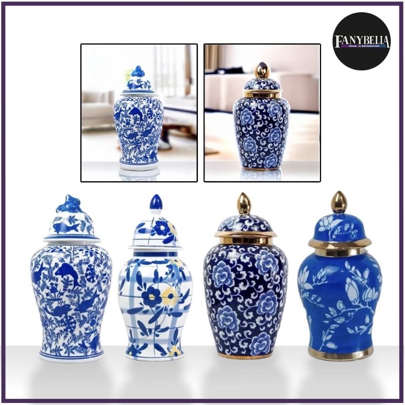 Guci Toples Keramik China Tochin Biru Putih Import Guci Porselen Dekorasi Rumah FANYBELLA