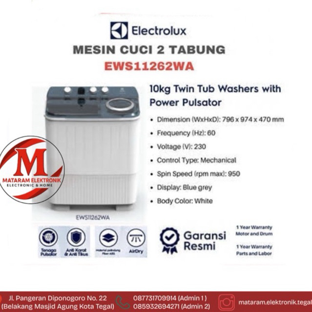 Electrolux EWS11262WA EWS 11262 WA Mesin cuci 2 tabung 10 kg