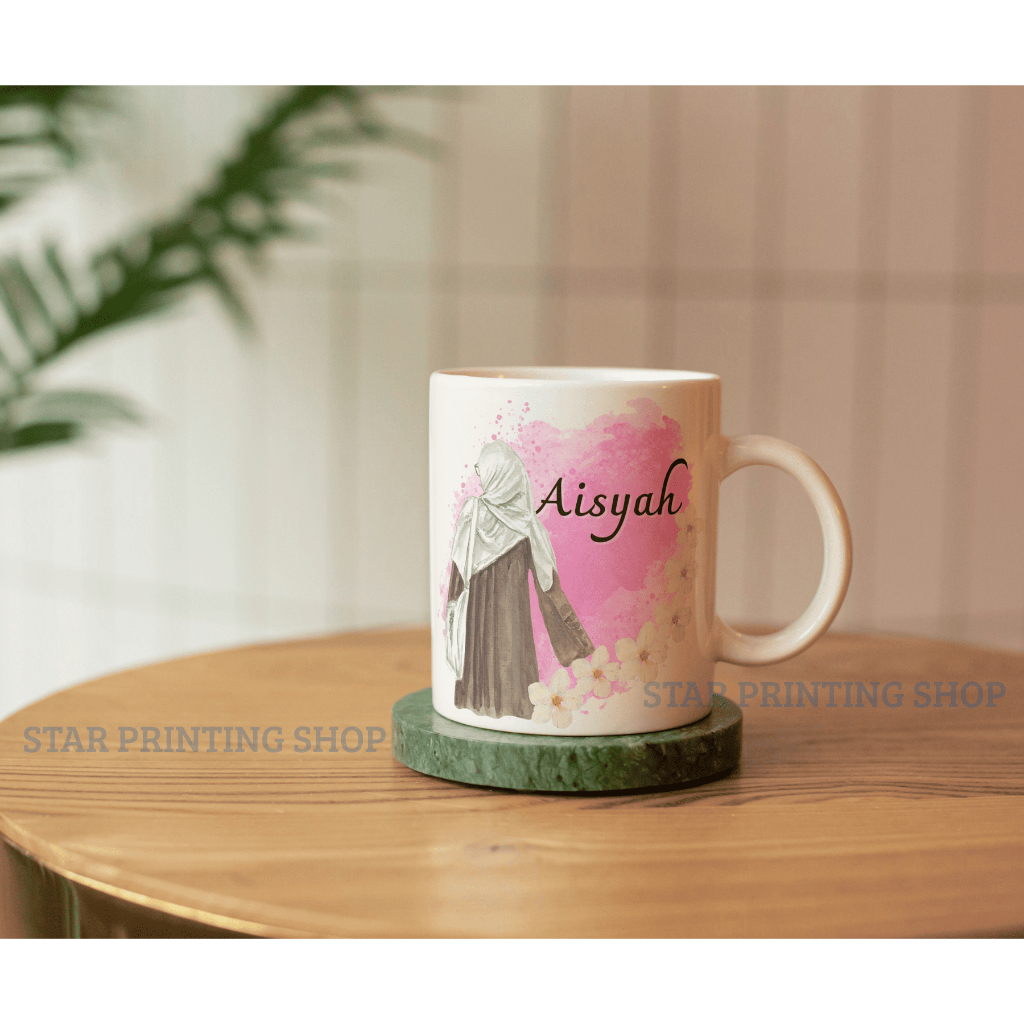 CETAK GELAS MUG CARTOON MUG CUSTOM NAMA HIJAB MUSLIMAH REQUEST NAME GIFT SOUEVENIR