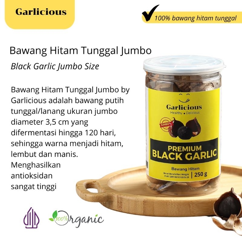 

Black Garlic Garlicious Jumbo 120 hari fermentasi 250 gram | Garlicious Black Garlic Bawang Hitam Tunggal Premium
