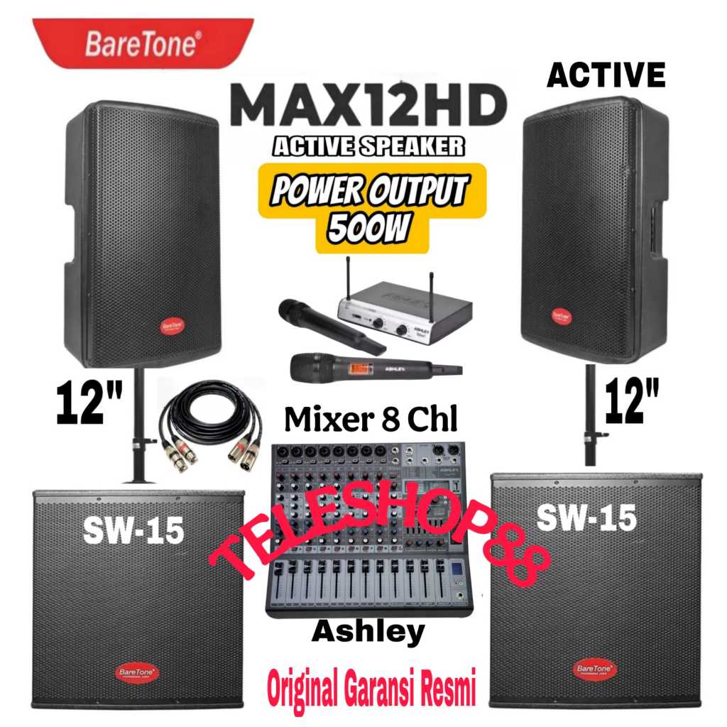 Promo Paket Sound System Speaker Aktif 12 Inch Baretone MAX12HD+Subwoofer Baretone 15 Inch+Mixer Ash