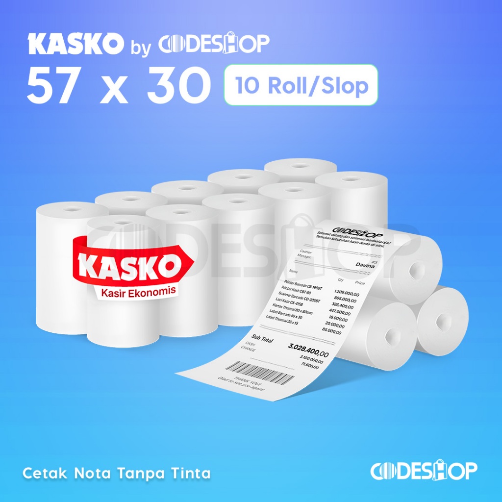 

Kertas Termal 57x30 Kasko Kasir Ekonomis Paper Roll 57 x 30 mm Codeshop Thermal