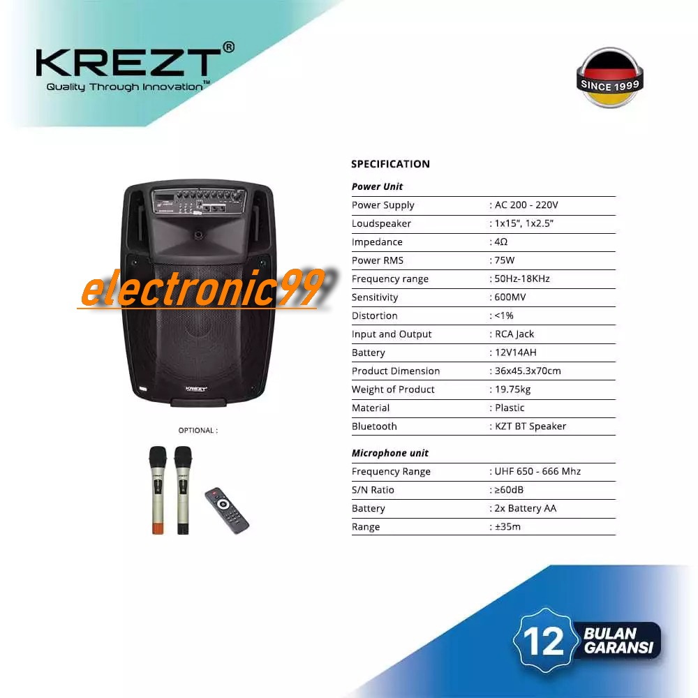 SPEAKER PORTABLE KREZT WAS115B SPEAKER 15 INCH BLUETOOTH WAS 115B / KREZT WAS-115B ORIGINAL