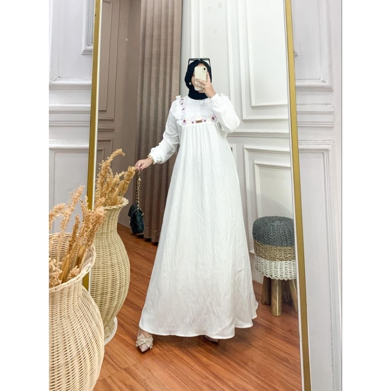 Dress Polo Linen Bordir | Gamis Linen Mix Bordir Putih Hitam