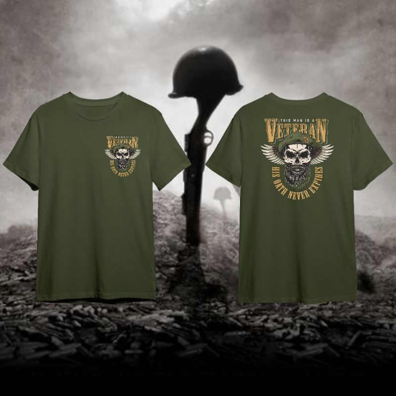 Kaos US ARMY T-shirt Military Vintage " SKULLS VETERAN ARMY " Olive