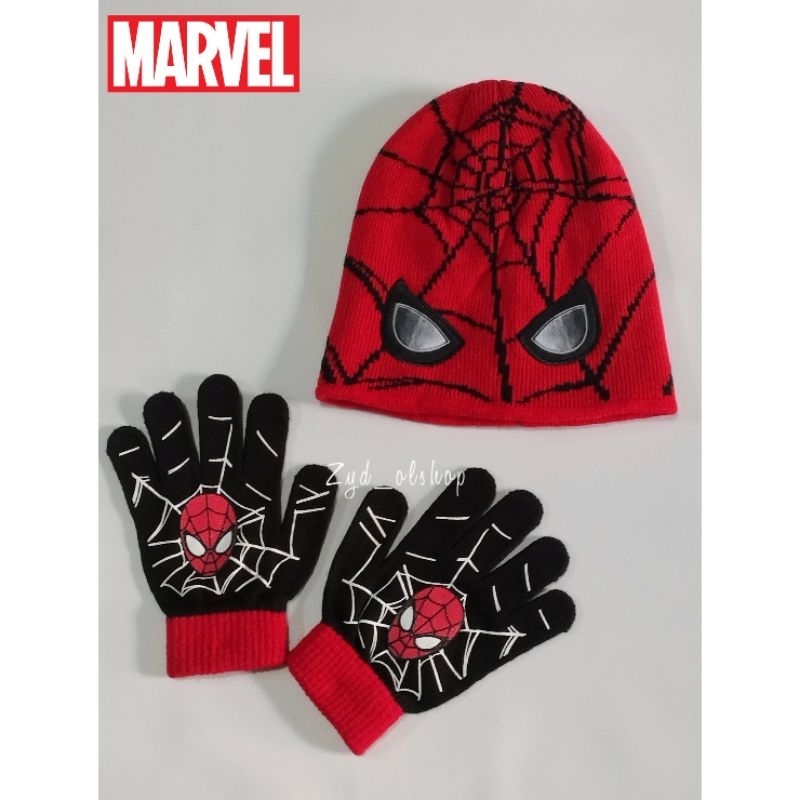 Set Topi Rajut + Sarung Tangan Marvel Spiderman bayi laki-laki | Set Topi Rajut Marvel Spiderman Bab