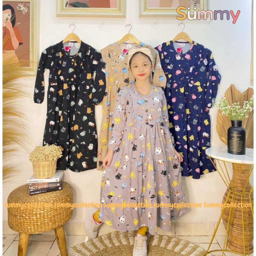 Gamis Anak Karakter Kucing Lucu Dress Panjang Baju Muslim Anak Perempuan