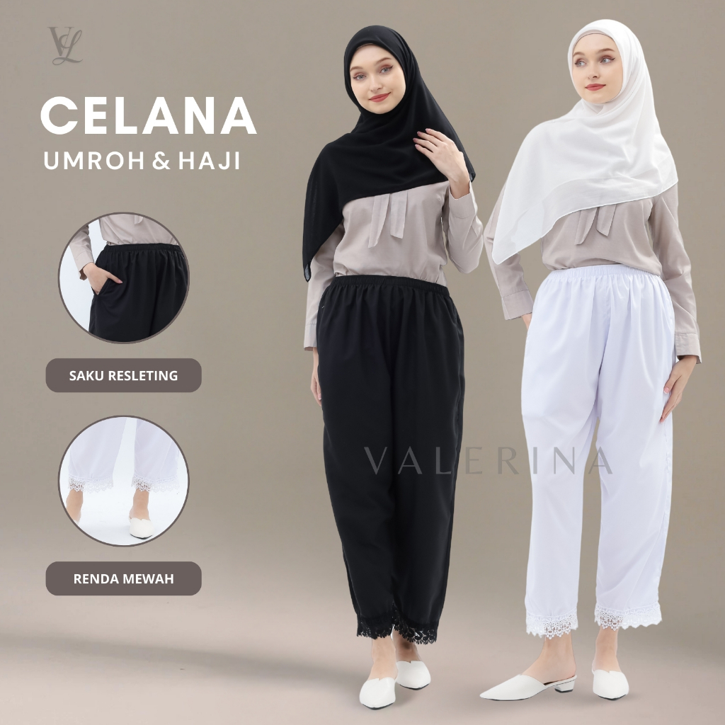 Celana Umroh Wanita Jumbo Renda Celana Haji Wanita Ihrom Bahan Katun/Gamis Warna Putih dan Hitam Bah