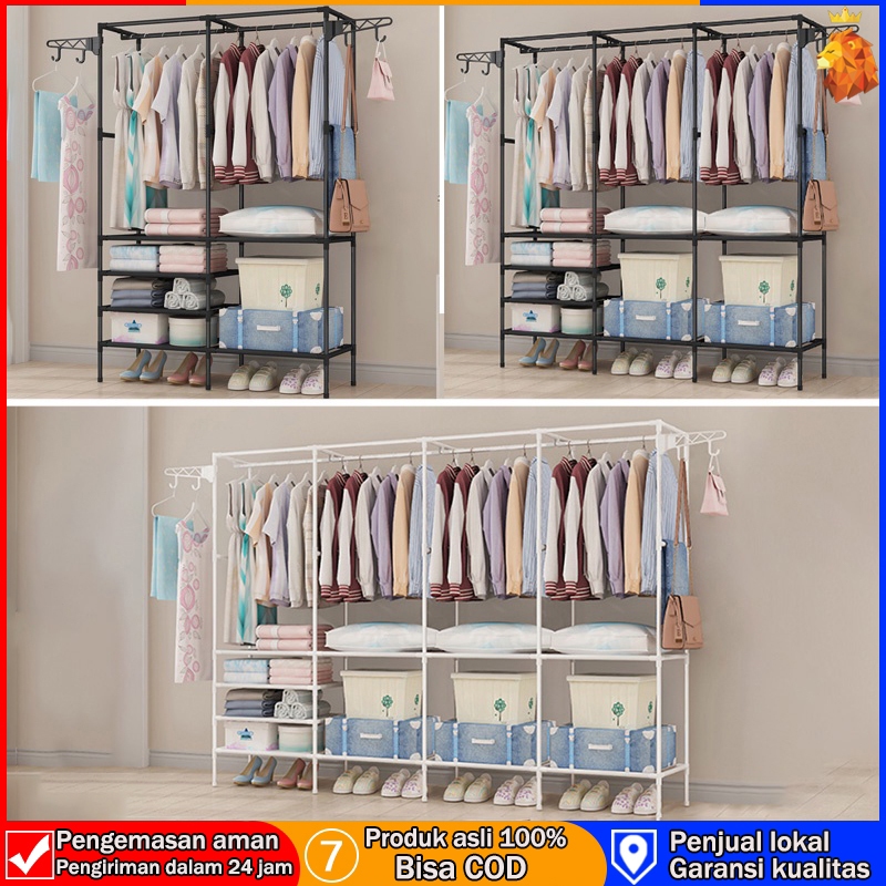 Rak Baju Portable 3/4 Baris Multifungsi Lemari Besi Lantai Kamar Pengering Pakaian Rumah Tangga COD