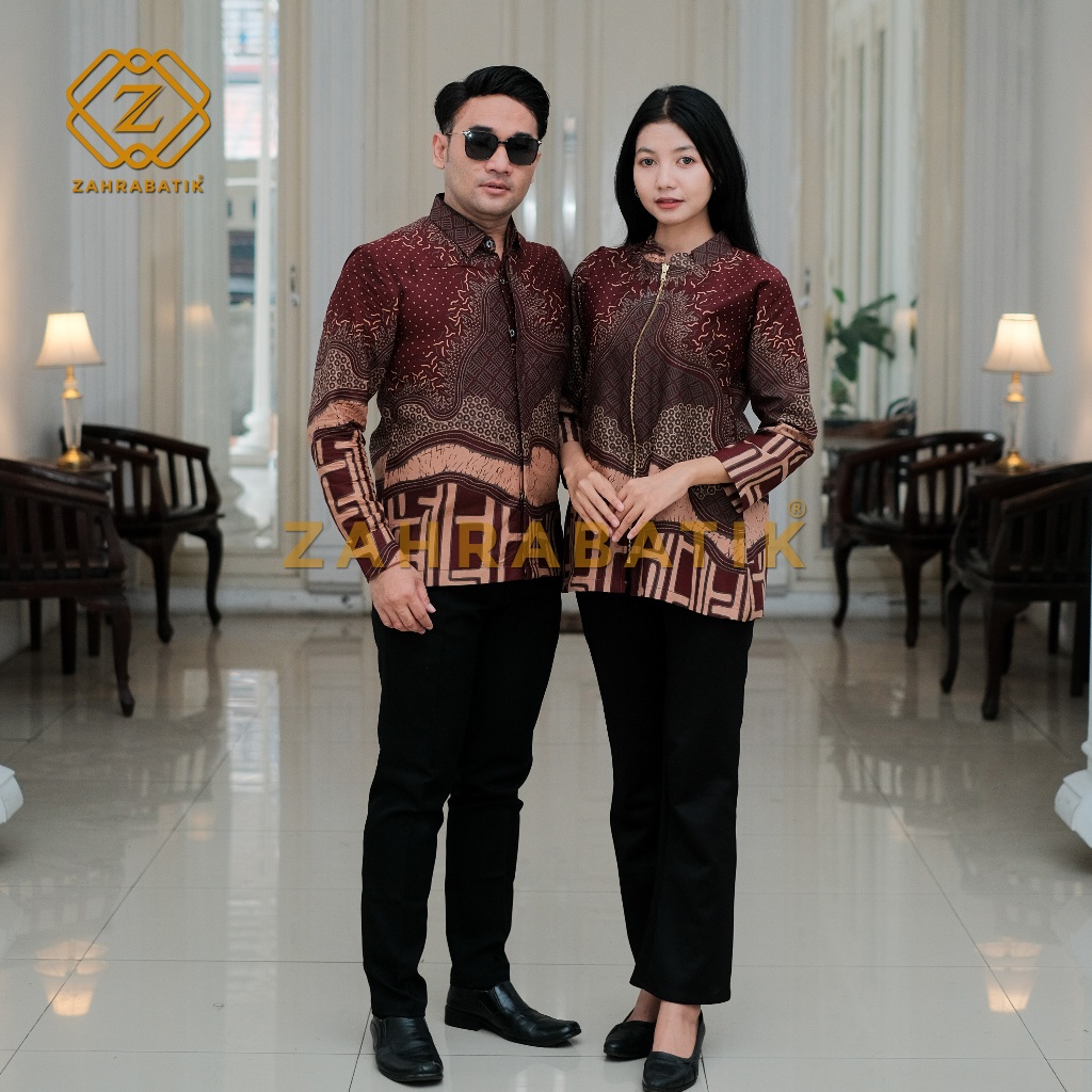 Batik Couple - Batik Tunik Wanita - Batik Pria Lengan Panjang - Motif Krisna Warna Maroon