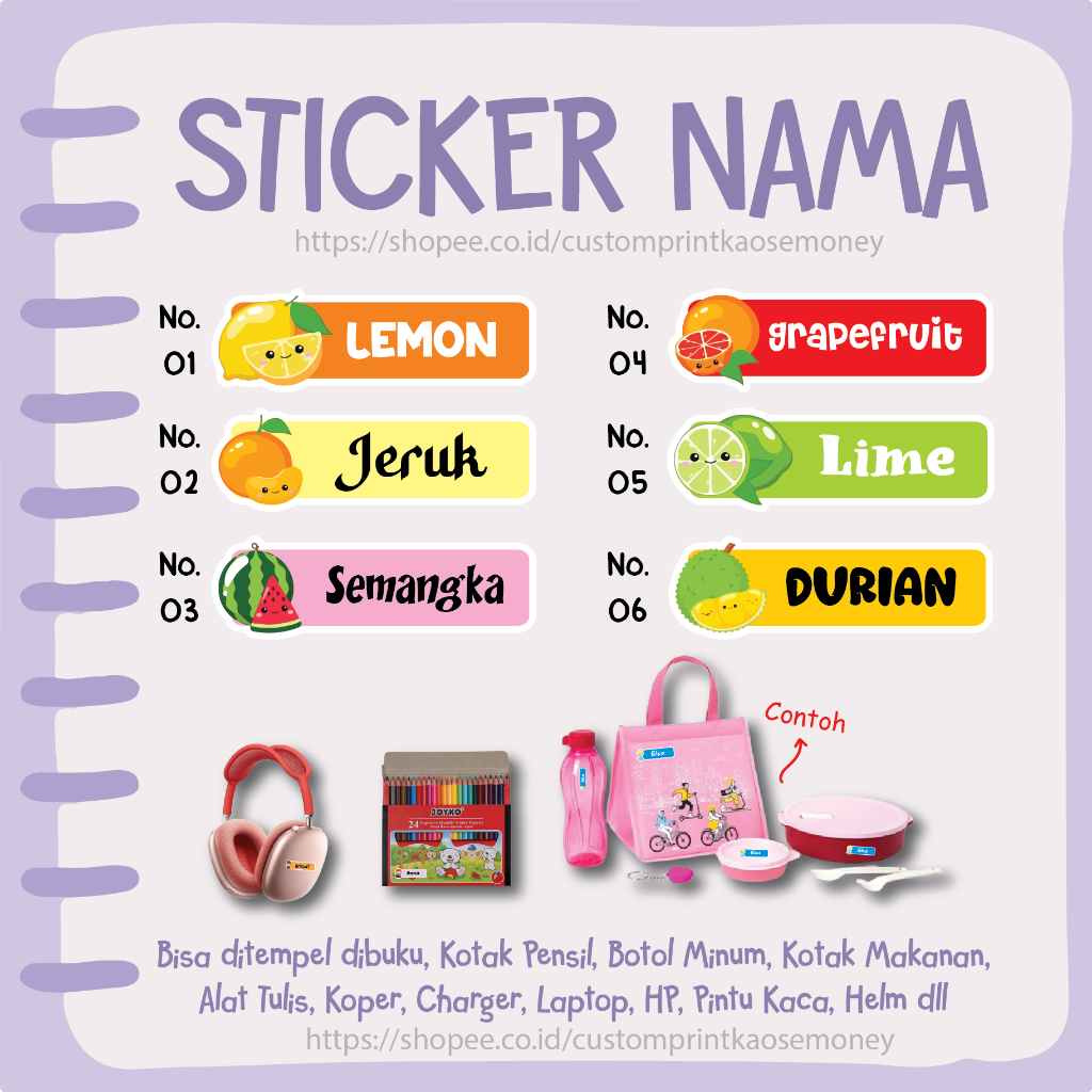 

STICKER LABEL NAMA KARAKTER BUAH FRUIT JERUK CUTE LEBEL CUSTOM PREMIUM LUCU BISA TEMPEL DI BUKU KOTAK PENSIL HELM BOTOL MINUM KOTAK MAKANAN KOPER LAPTOP HP ALAT TULIS PINTU KACA