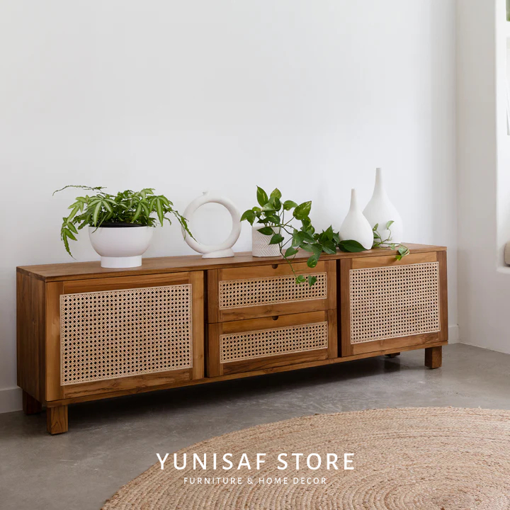 Meja TV Natural Rotan – Furnitur Estetik & Tahan Lama, Siap Huni