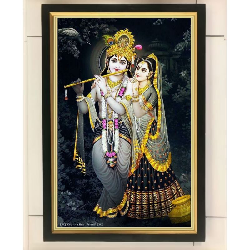 Hiasan dinding lukisan cetak dewa Krisna Radha plus Bingkai ukuran 65cm×45cm