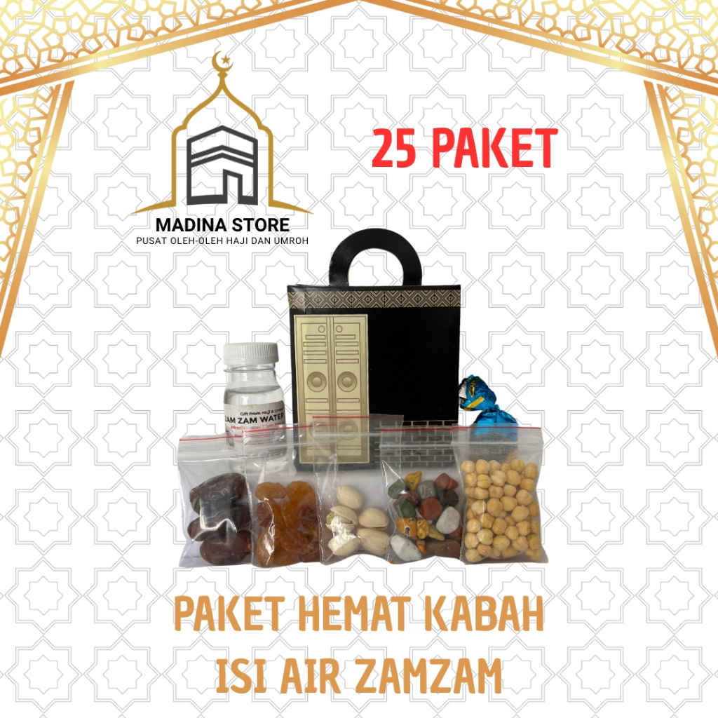 

Paket Hemat Oleh-oleh Haji dan Umroh Paket 25 PCS isi Air Zamzam Dus Ka'bah