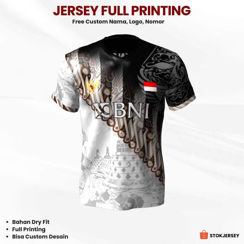 Kaos Jersey Badminton Putih Hitam Motif Batik Candi 136 - Jersey Olahraga Custom