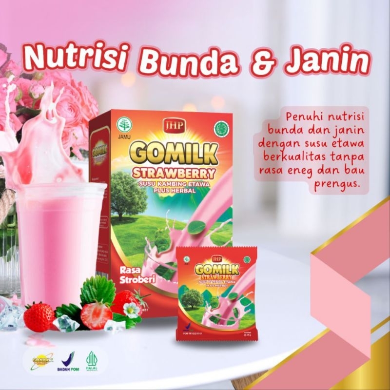 

Susu Gomilk Strawberry Susu Kambing Etawa Plus Herbal Daun Kelor, Daun Salam, Mengkudu