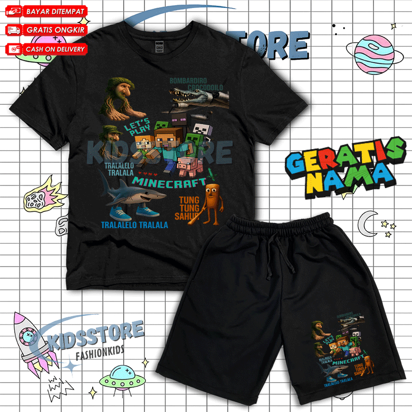(BISA COD) Setelan Anak Kaos Celana Pendek Anak ANOMALI BRAINROTVS MINECRAFT POCKET EDITION Free Nam