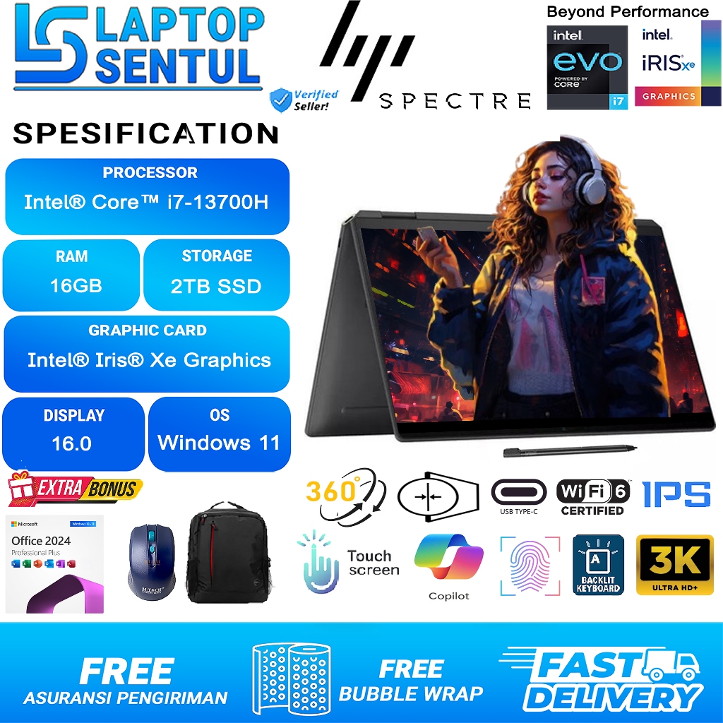 Hp Spectre X360 Intel Evo i7 13700H2TB SSD 3K IPS Touchscreen Windows 11 Office 2024 Black