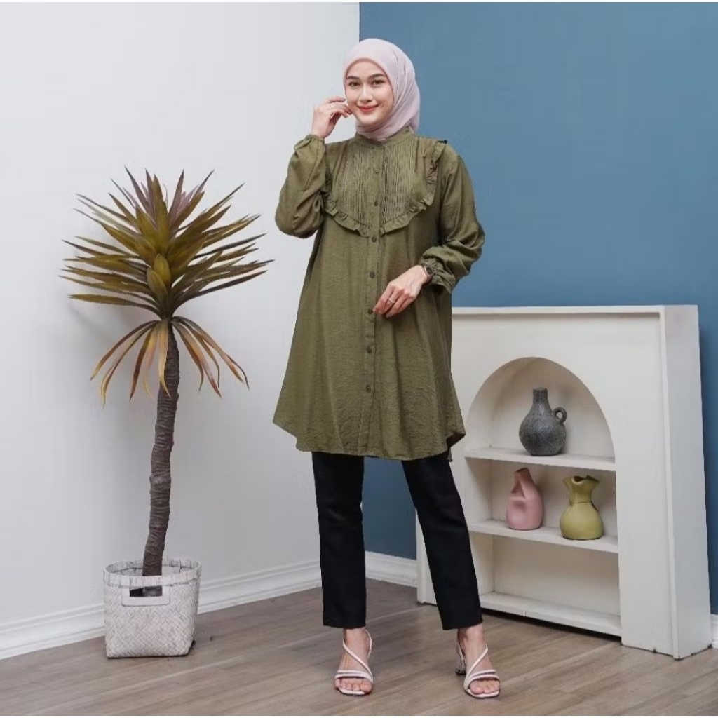 Tunik Cahaya Opnaisel Polo linen premium Tunik sultan full kancing depan aktif busui friendly