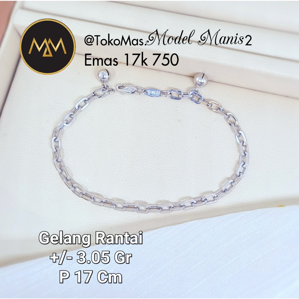 Gelang rantai kotak emas putih asli kadar 750
