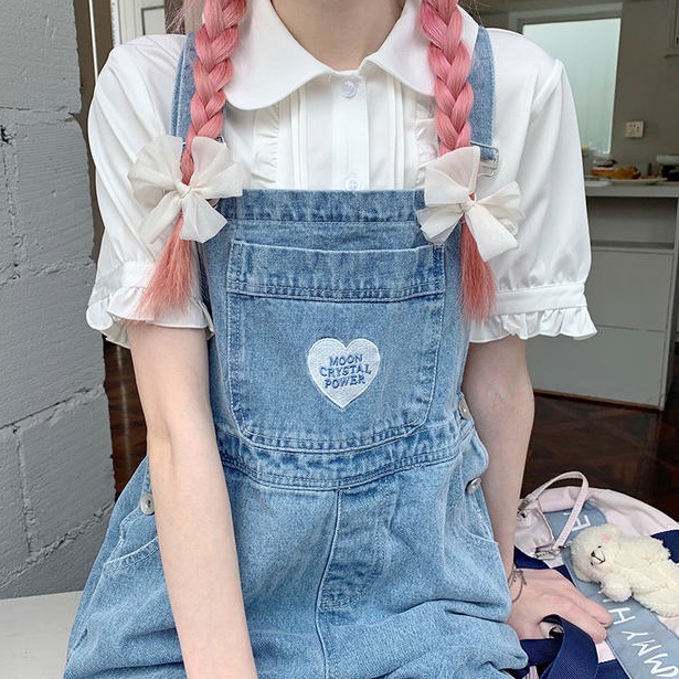 Jumpsuit Bordir Longgar Lucu Wanita Overall Denim Bordir