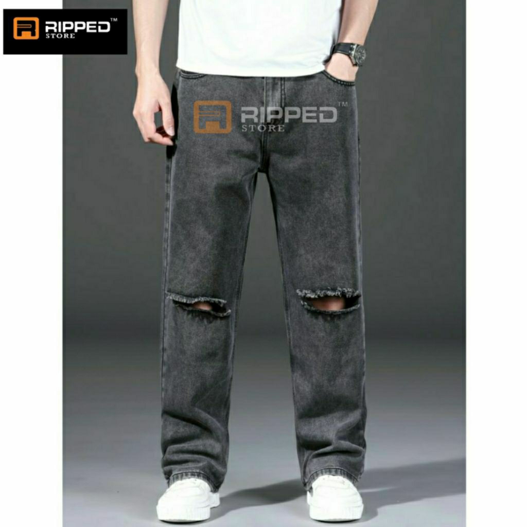 Celana Sobek Pria Denim Premium Ripped Loose Jeans Longgar Size 27-38