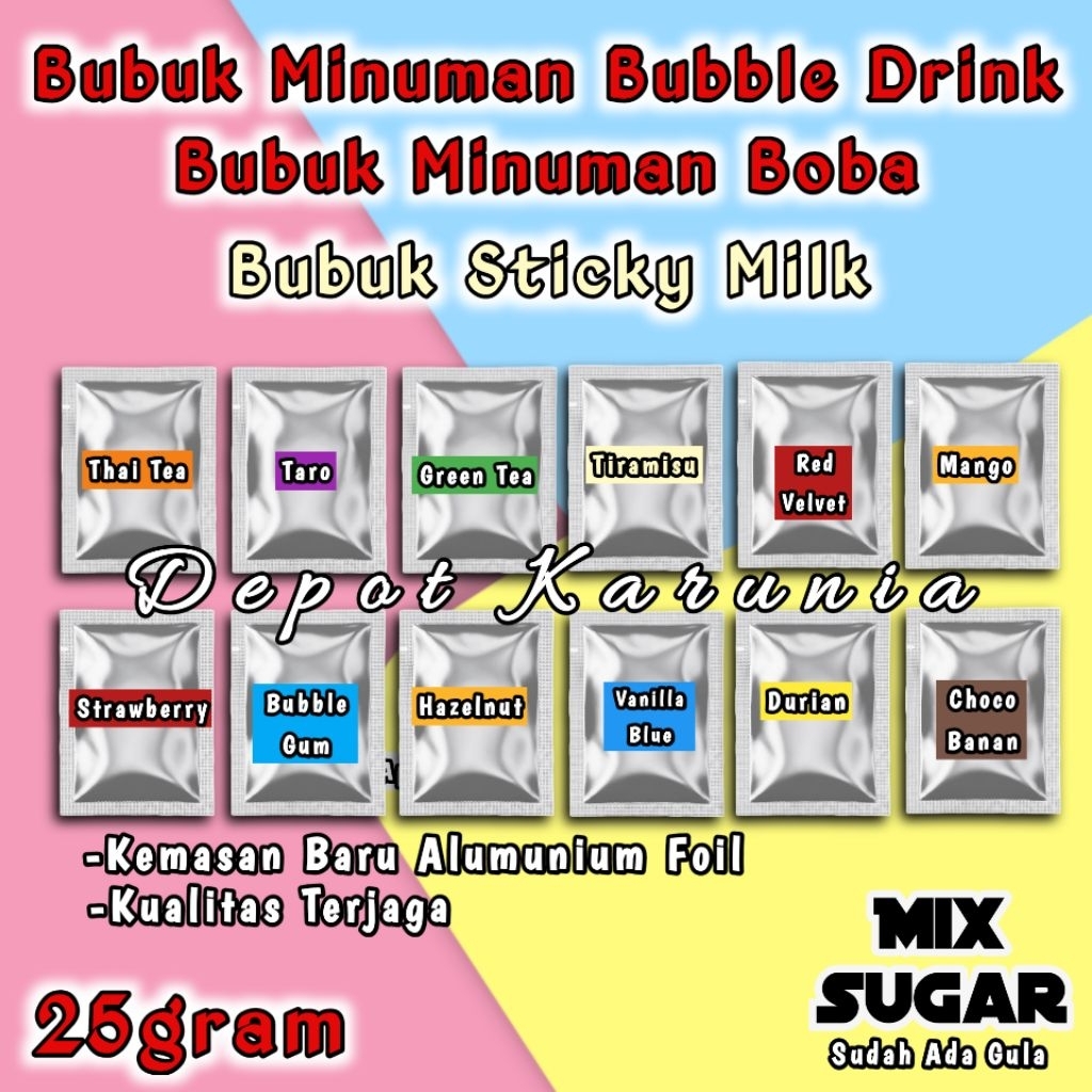 

Bubuk Minuman Rasa 25gr Aneka Varian Rasa Spesial dan Reguler Serbuk Minuman Kekinian 25 gram Rasa Thai Tea Green Tea Jasmine Tea Coklat dan buah