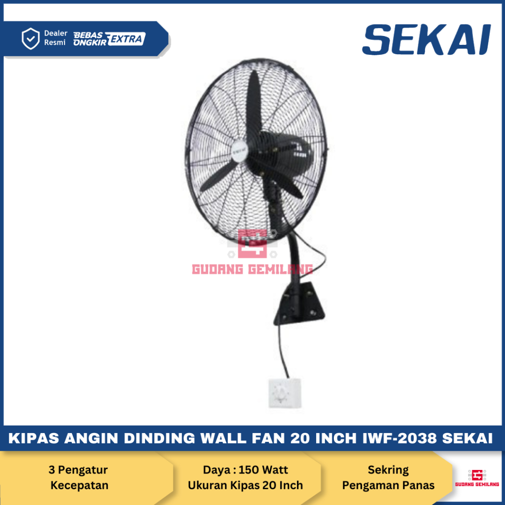 Kipas Angin Dinding Industrial Wall Fan Hitam 20 Inch IWF 2038 SEKAI