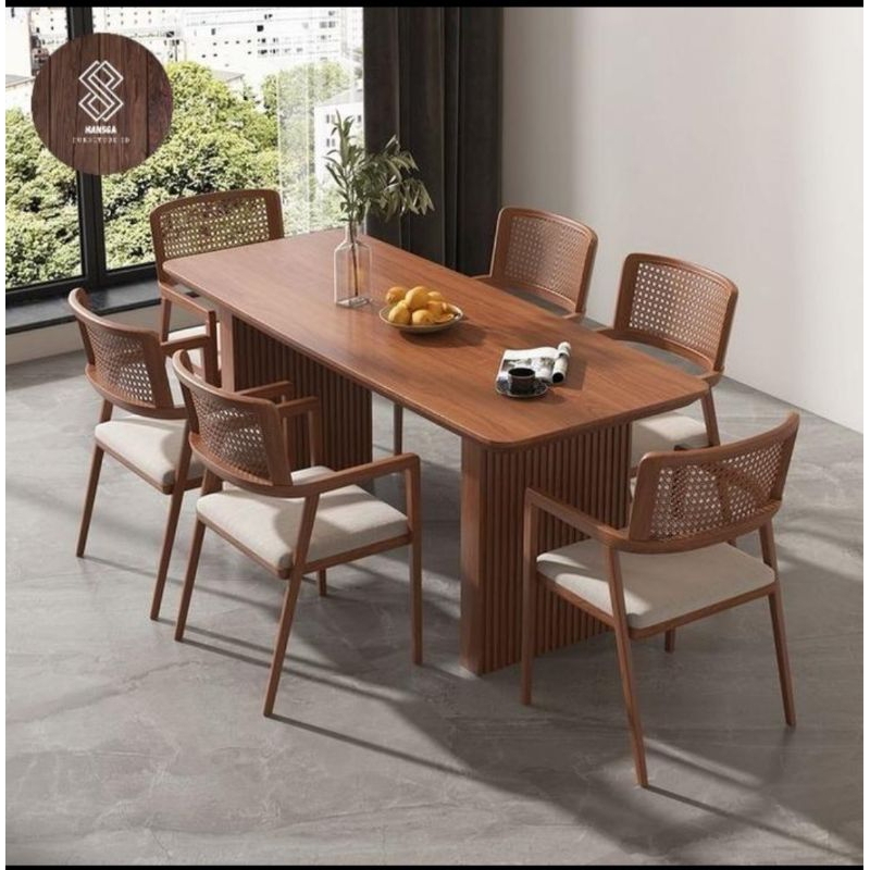 set meja makan minimalis jati rotan | meja makan 6 kursi kayu jati rotan