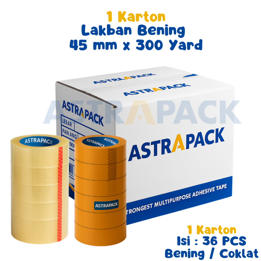 

Astrapack | 1 Dus Lakban Bening Coklat 45 mm x 300 Yard 45 Micron 36 PCS | Tersedia Instant Grosir