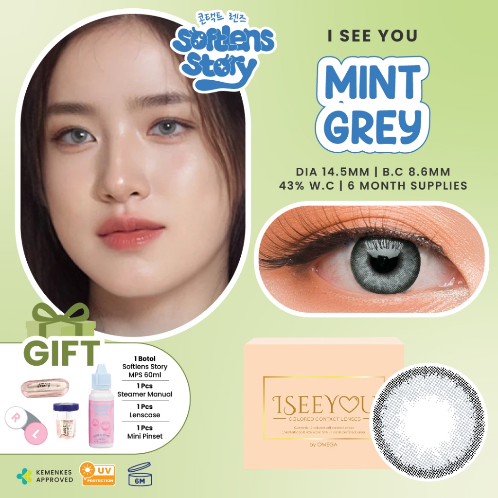 [BUY 1 FREE 5 ITEM] I See You Mint Grey Monthly Softlens Warna Bulanan
