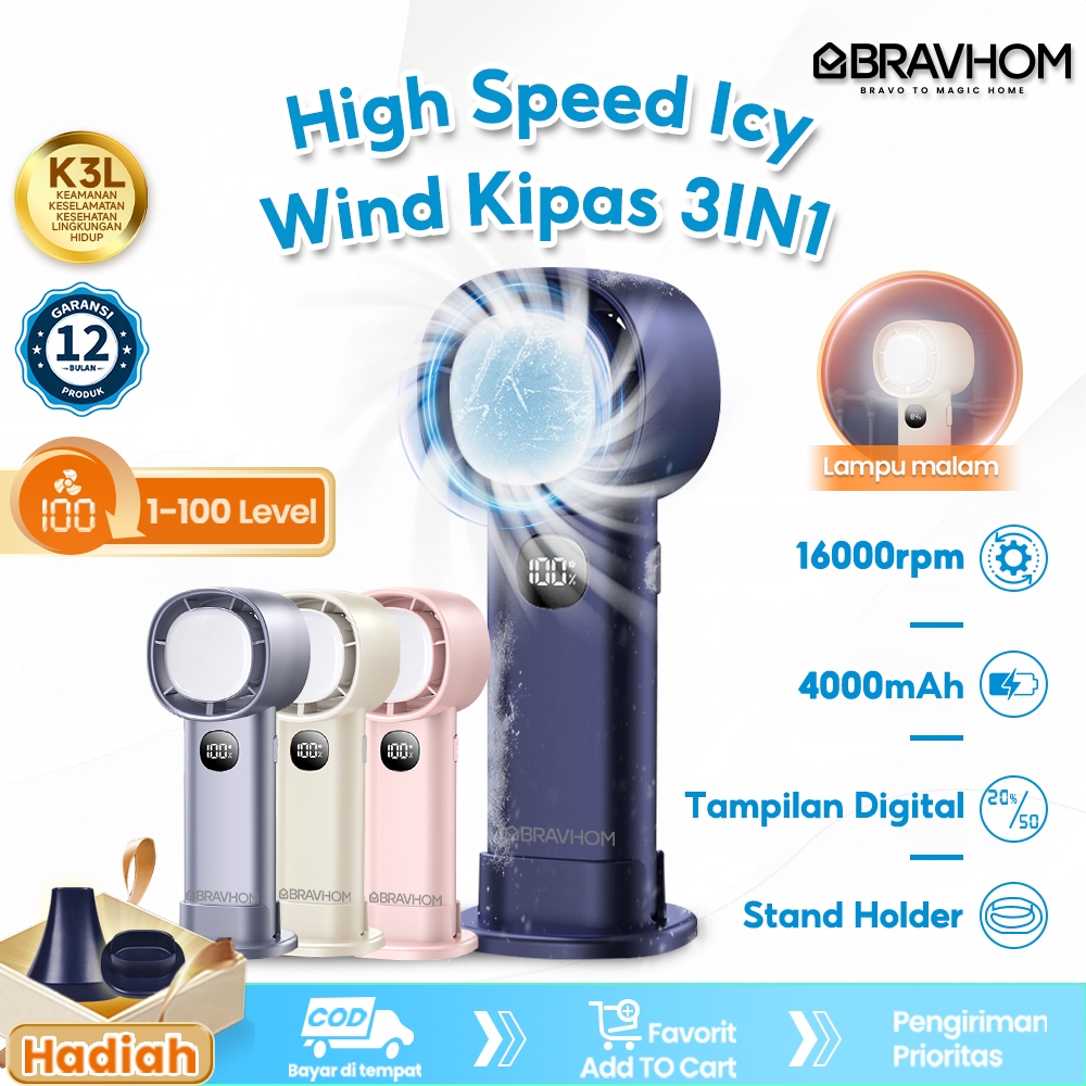 Kipas Turbin Mini 16000 RPM, Portable USB Rechargeable 4000mAh + Lampu LED 100 Level, Kipas Angin Di