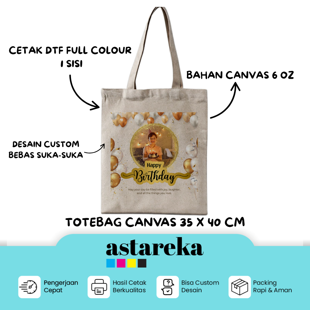 Totebag Custom Cetak DTF 1 Sisi Desain Bebas | Tas Souvenir Ulang Tahun, Pernikahan, Seminar, Event,