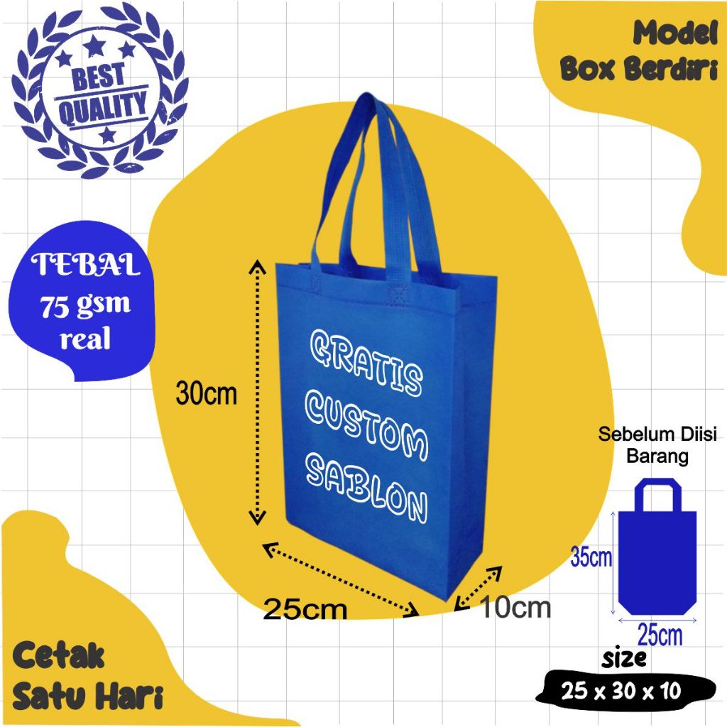

TAS SPUNBOND BOX BERDIRI 25X30x10 (FREE SABLON CUSTOM) UNTUK TAS SOUVENIR, CALEG, SYUKURAN, MENGENANG, PROMOSI, BANSOS, CLOTHING,