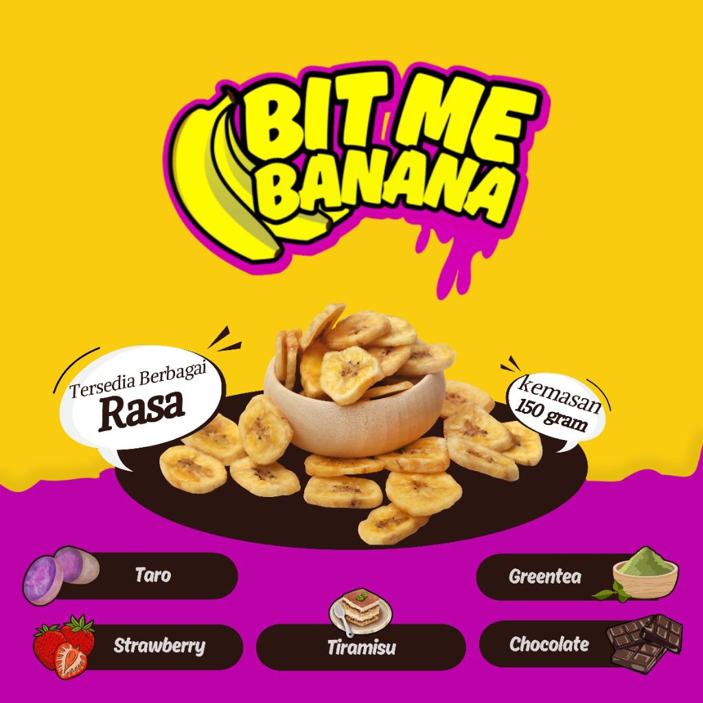 

Keripik Pisang Bitme Banana – 150gr Aneka Rasa | Coklat, Taro, Greentea, Tiramisu,Strawberry