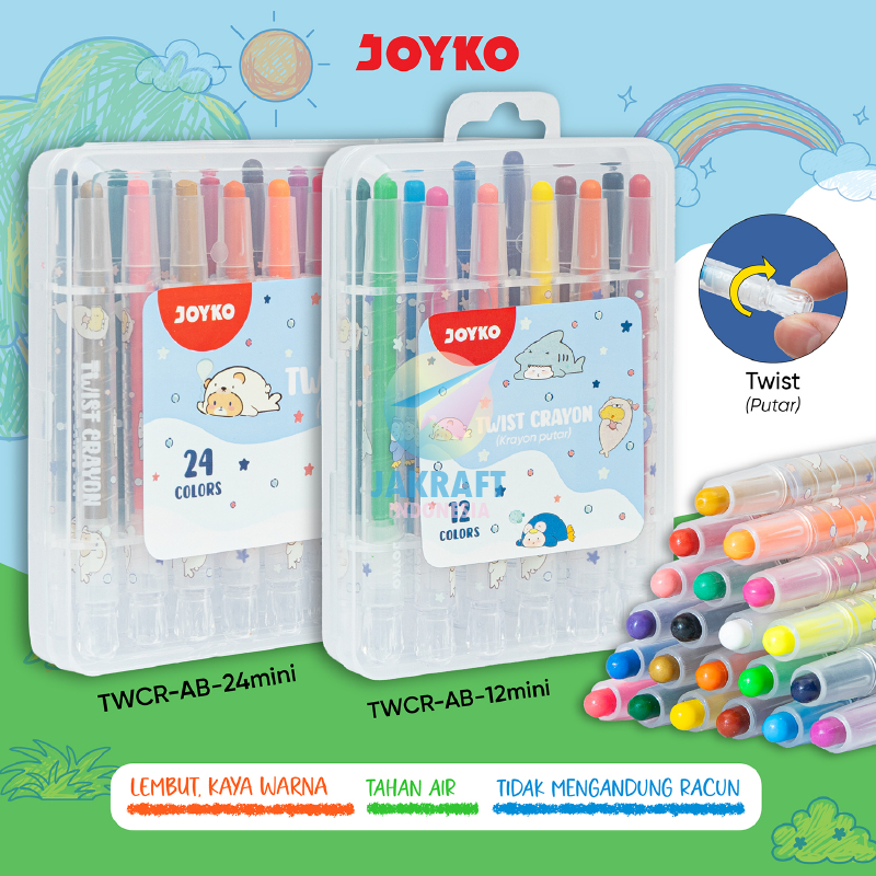 

(1 Pack) Krayon Putar Pendek Set 12 / 24 Warna JOYKO TWCR-AB Twist Short Crayon Oil Dry Pastels Berkualitas Anti Air Murah Hard Case