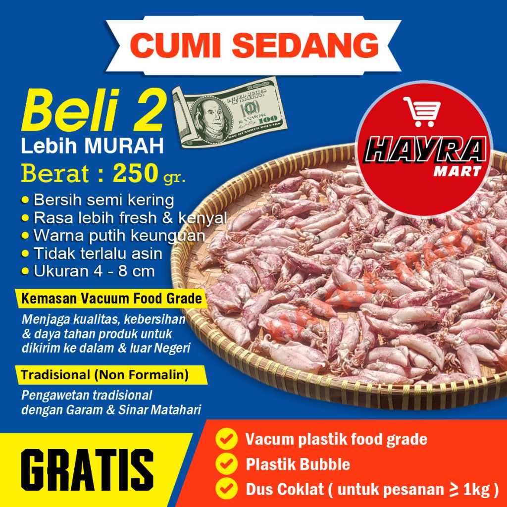 

Cumi Asin Sedang Semi Kering Super 250 gram - Untuk Sambal Baby Cumi & Nasi Bakar