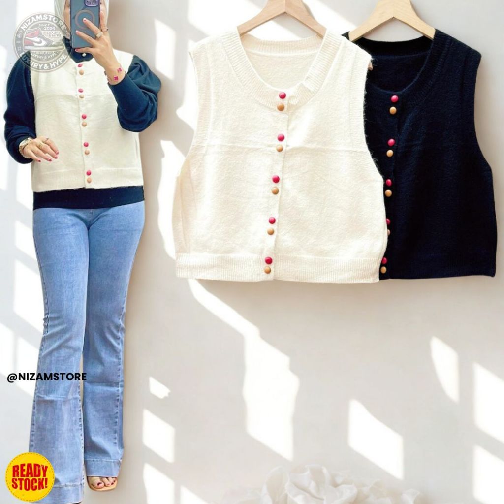 Vest Rajut Wanita Kancing Hidup Bahan Import Tebal | Outer Tanktop Rajut Korea Tanpa Lengan Fit XL