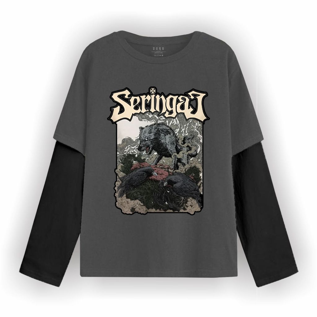 Zuro - T-shirt Double layer Seringai Burung Gagak long sleeve  kaos pria wanita