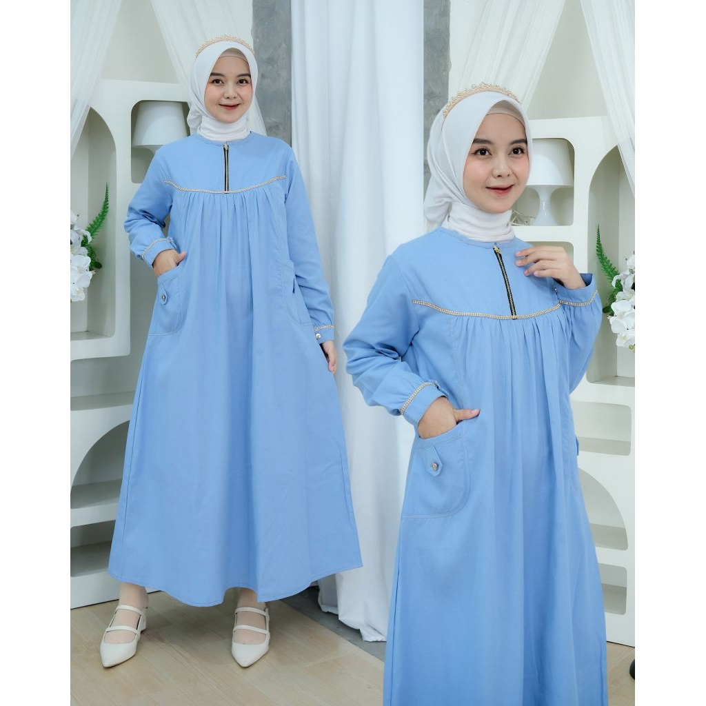 jeans denim gamis wanita mutiara dress variasi payet resleting depan lembut elegan original produk j
