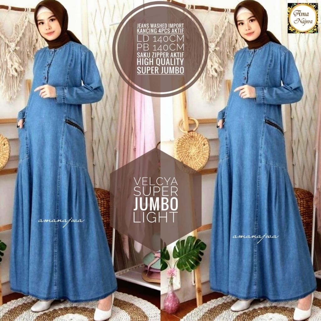 Gamis Jeans wanita super jumbo LD 140 150 big size dress fit to XXXXL