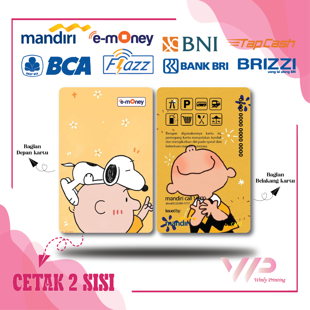 KARTU EMONEY ANIME SNOOPY YELLOW CUTE E TOLL MANDIRI FLAZZ BCA GEN 2 BNI TAPCASH BRIZZI BRI - 2 SISI