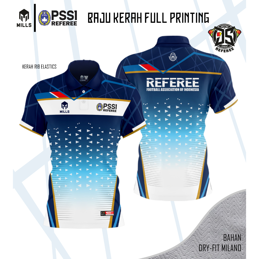 Baju Kerah FULL Printing - Mills - PSSI - REFEREE ( Logo Mills bisa di ganti Jadi INISIAL )