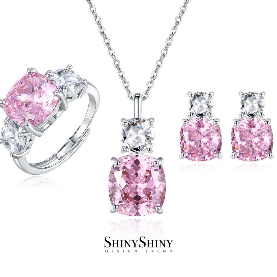 ShinyShiny-Set perhiasan wanita yang modis dan serbaguna, terdiri dari kalung dengan berlian pink, g