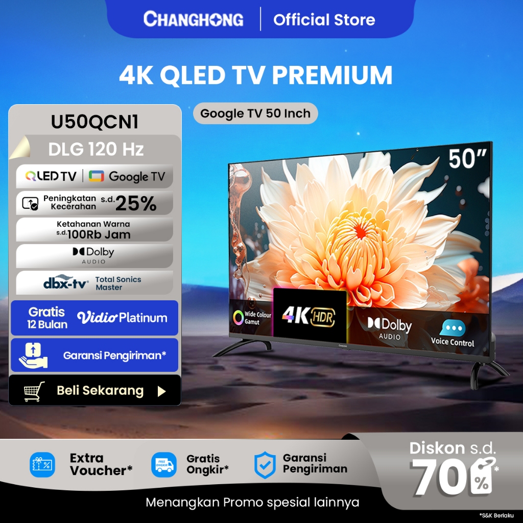 Changhong QLED TV 50 inch DLG 120HZ 4K Google TV Smart TV Digital Dolby Audio DBX-TV (U50QCN1)